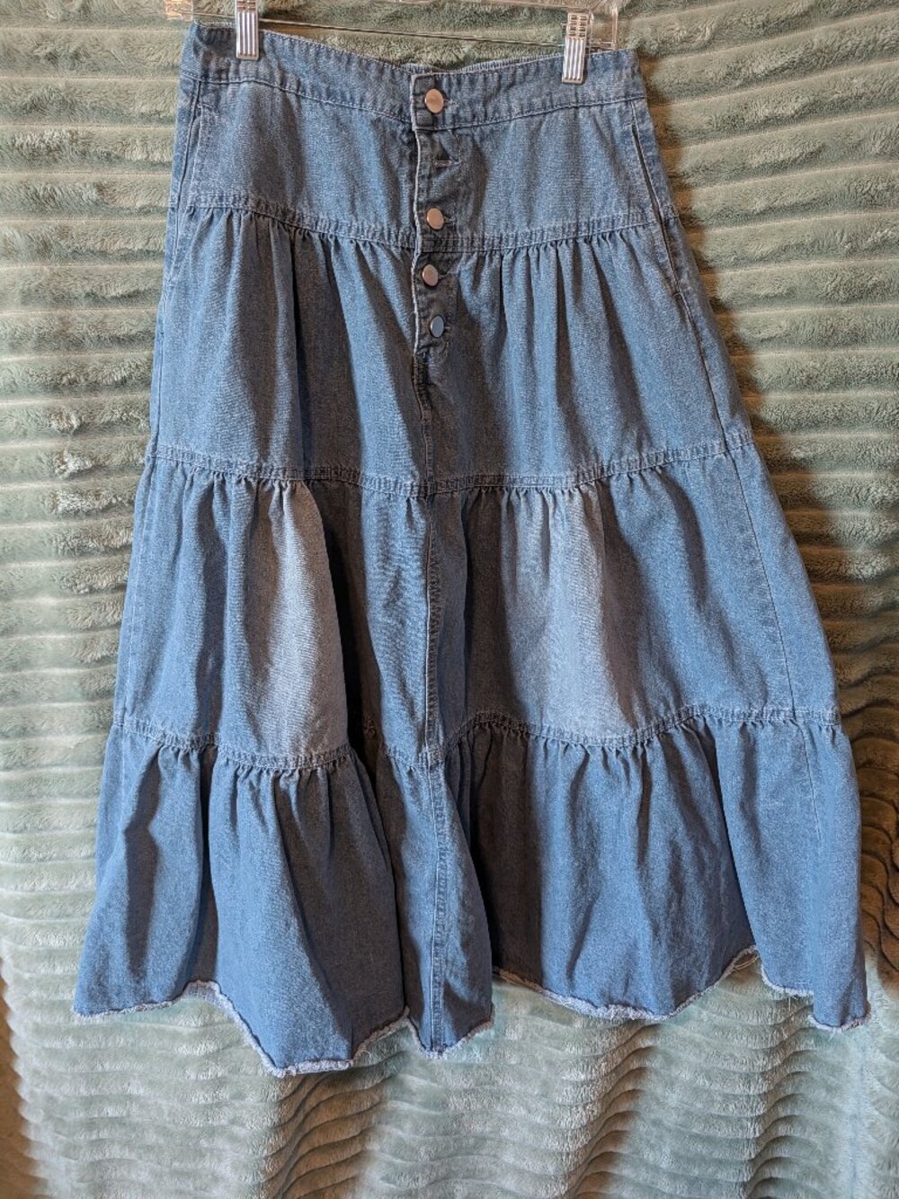 Tiered Denim Maxi Skirt Button Front Raw Hem Size Medium